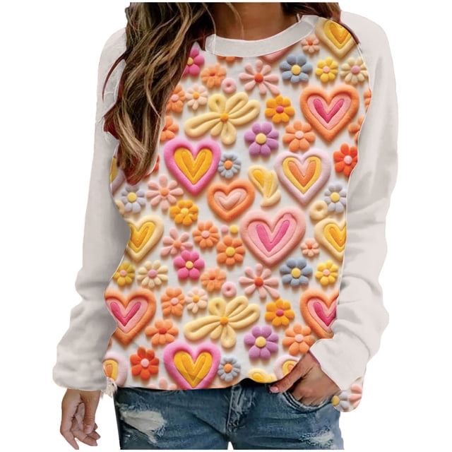 VALMASS Chandails en Molleton à Col Rond pour Femmes, Imprimé Floral, Manches Longues, Mode Décontractée, Blouses Sans Capuche (S, Beige-B)