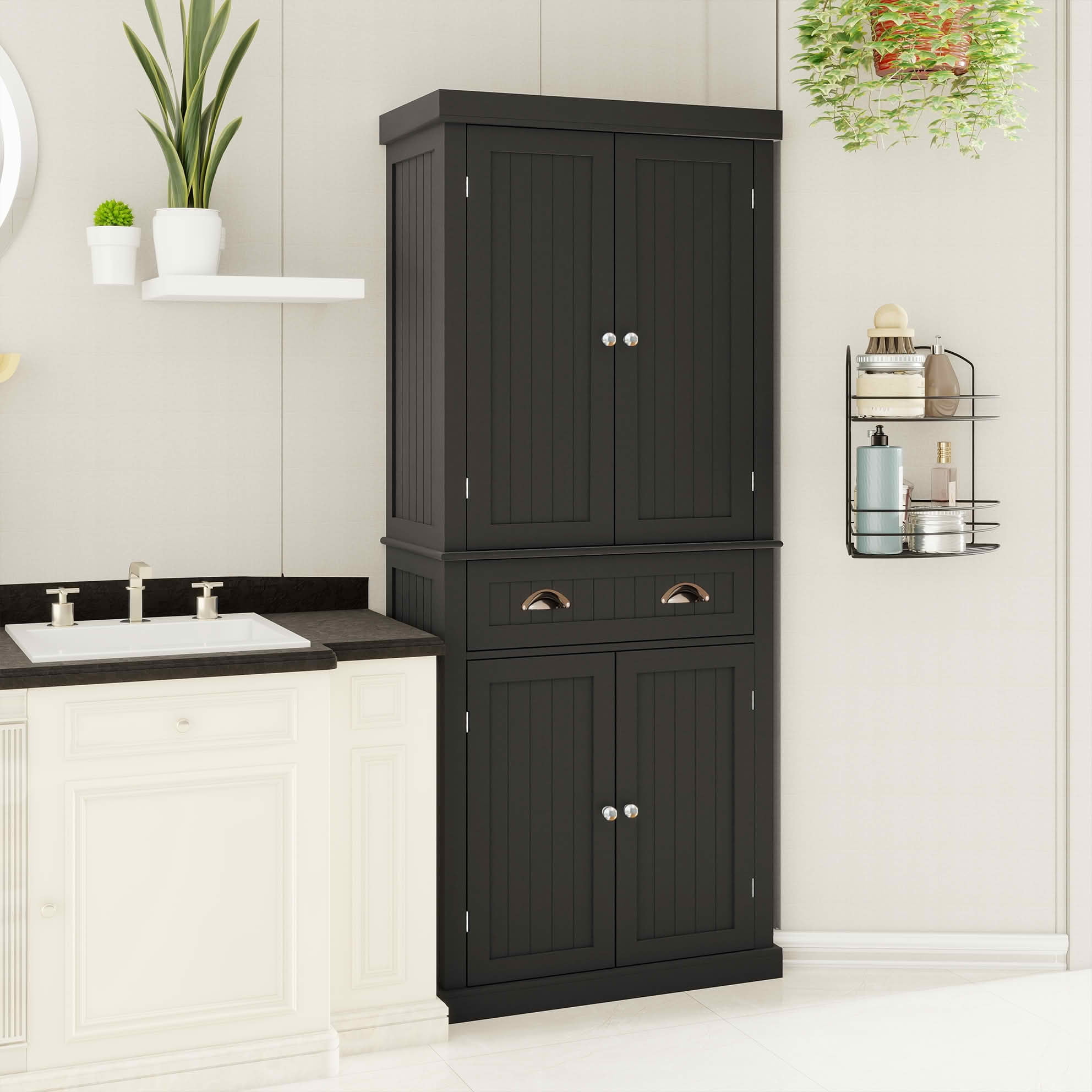 MAYEERTY 71-Inch Kitchen Pantry Storage Cabinet, Freestanding Cupboard with 4 Doors 1 Drawer 2 Adjustable Shelves Black