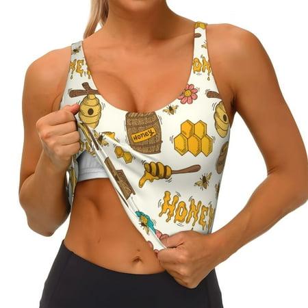 Qokaie Honeycomb And Honey Pattern Womens Scoop Neck Sports Bra Breathable Workout Vest Padded U Back Medium Impact Fitness Gym Yoga Bra Workout Crop Top