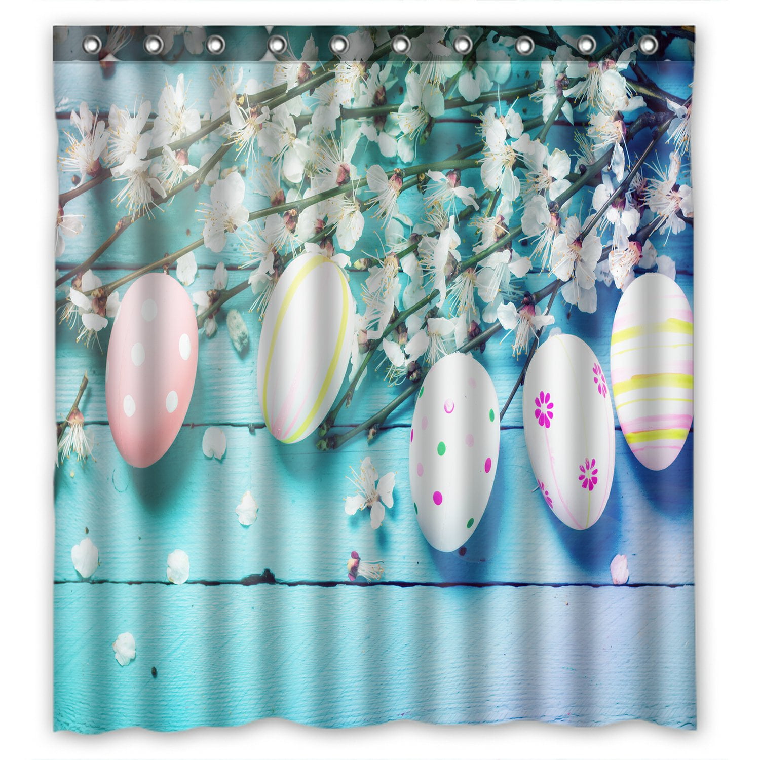 PHFZK Happy Easter Shower Curtain, Colorful Easter Eggs on Wooden