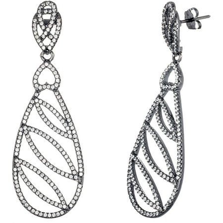 Lesa Michele Cubic Zirconia Black-Tone Sterling Silver Open Oval Design Teardrop Earrings