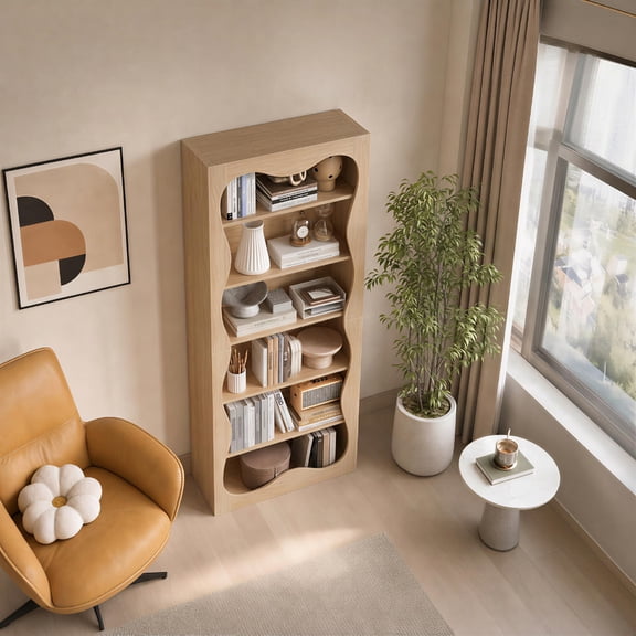 Tall 6-Tier Freestanding Wooden Bookshelf Bookcase - Open Storage & Display Shelves - Modern Wavy Scalloped Edge - for Home Office, Living Room