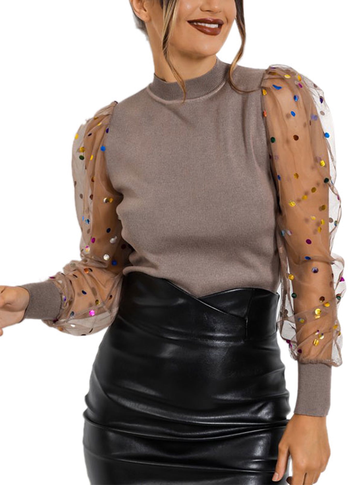 Wodstyle - Women's Long Sleeve Sheer Skinny Blouse Sequins Party Shirts Turtleneck Tops 