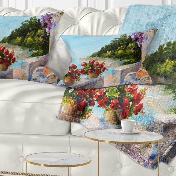 Designart Balcony Near the Sea - Landscape Painting Throw Pillow - 12x20