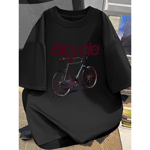 Vintage Bicycle Graphic Men's Cotton T-Shirt - Casual Black Crew Neck Tee with Print, Breathable & Machine Washable for Summer, Short Sleeve,