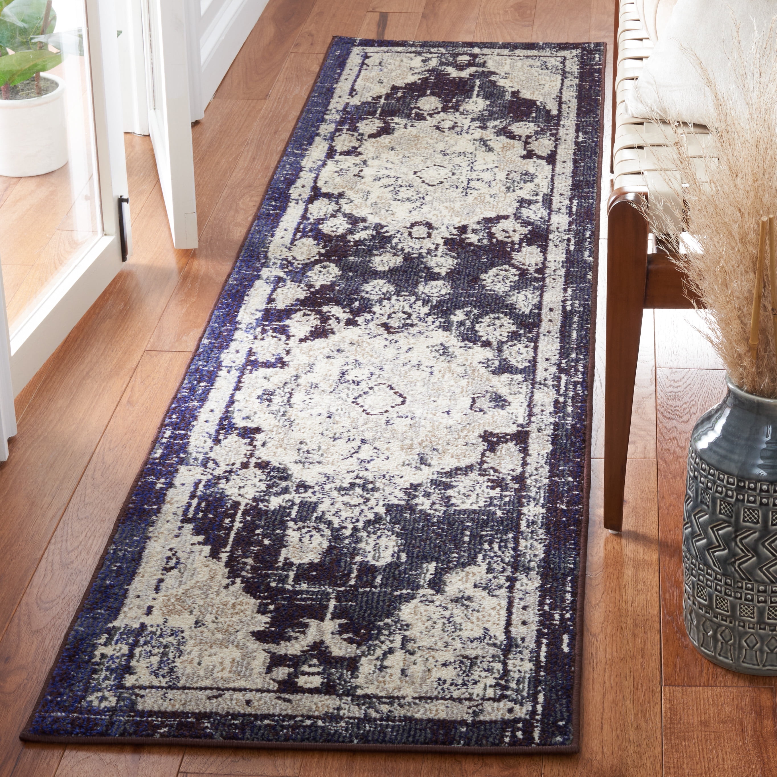 SAFAVIEH Madison Elinor Traditional Distressed Runner Rug, Black Purple/Beige, 2' x 8'