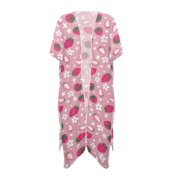 HELLHERO Strawberries Daisies Bathing Suit Cover Up Casual Polyester Long Long Kimono Swimsuit Cover Up