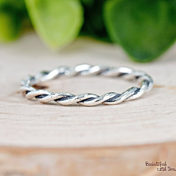 SS DESIGNS Oxidized Sterling Silver Thin Braid Knot Eternity Band, Twist Rope Stacking Ring, Minimalist Twist Silver Midi Thumb Ring, Simple Ring