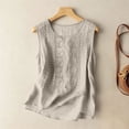 thumbnail image 6 of Craaazy Women Sleeveless Blouses Relaxed Fit Solid Color Round Neck Floral Embroidery Tank Tops Soft Linen Blend for Going Out Summer Vacation, 6 of 8