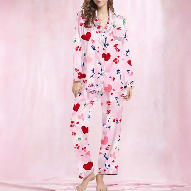 TaTaai Women's Printed Lapel Pajama Set, Long Sleeve Casual Top and Pants, Two Piece Loungewear, Valentine's Day Sleepwear Gift