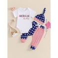 thumbnail image 2 of Niusricy 4th of July Clothes for Baby Boys Girls 0 3M 6M 12M 18M Infant Summer Outfits Short Sleeve Jumpsuit Letter Embroidered Rompers Stripe Stars P Hat Toddler Kids Fashion Comfy 3Pcs Set, 2 of 7