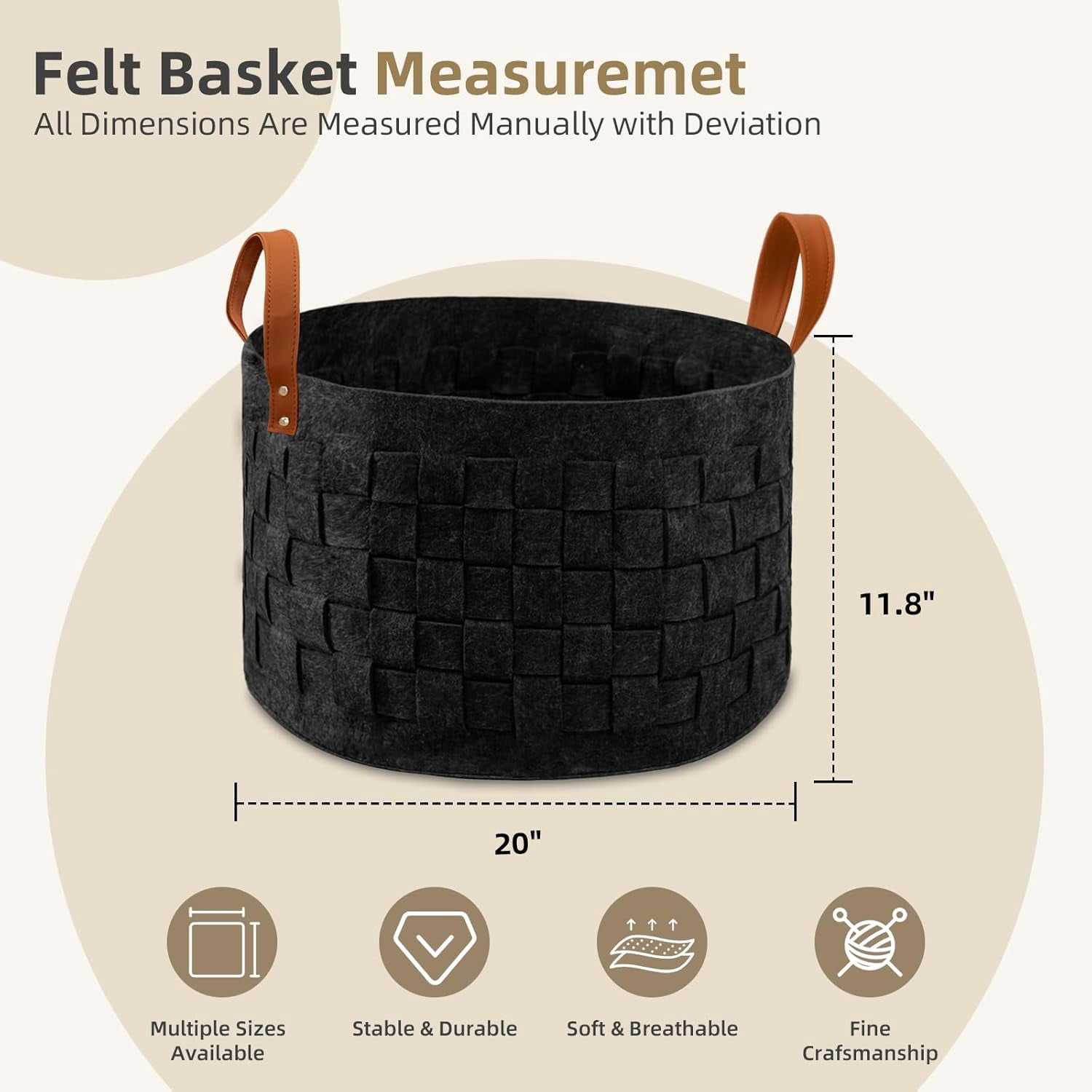 Laundry Basket 20" x20 x11.8, Large Round Blanket Basket with Leather Handle, Felt Storage Basket for Living Room, Nursery, Dog Toys-Dark Gray