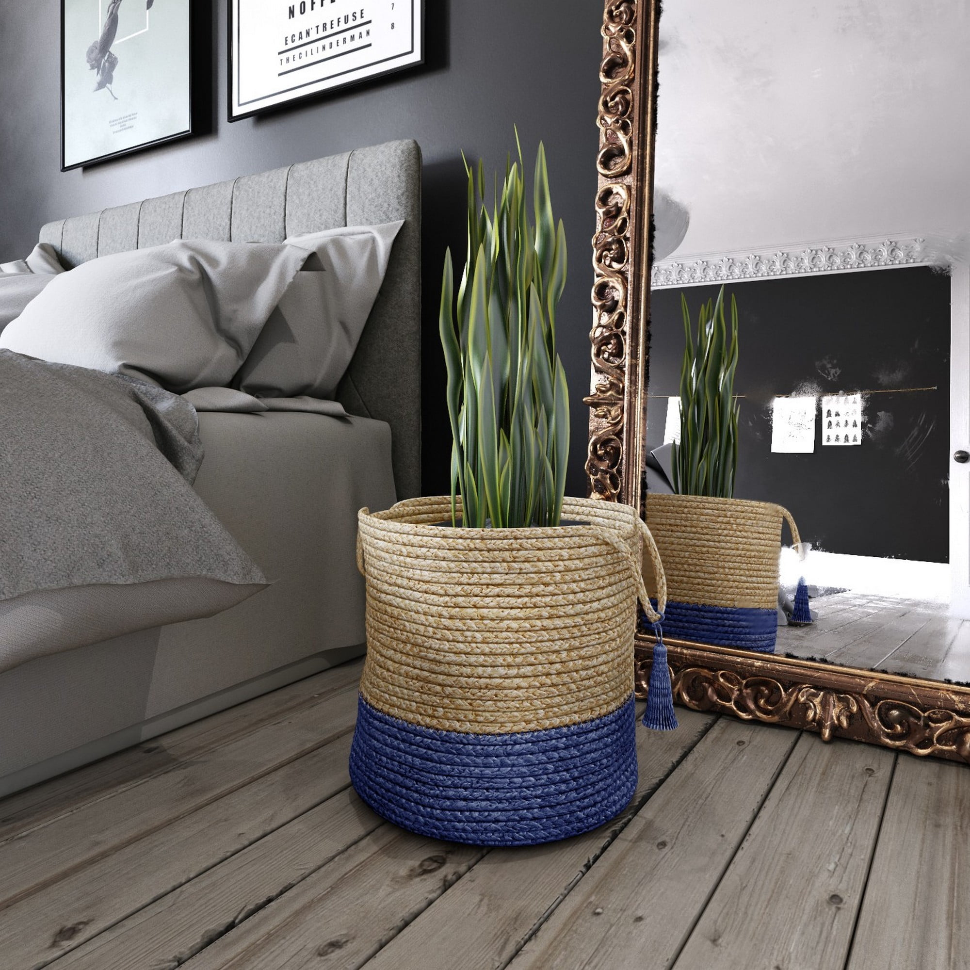 LR Home Woven Round Jute 17" Storage Basket with Handles, Indigo Stripe