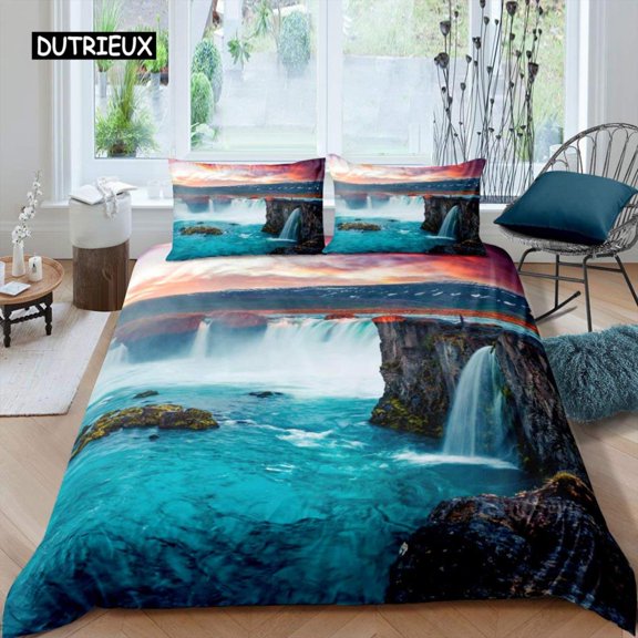 Waterfall Duvet Cover Set Natural Scenery Quilt Cover Pillowcase Landscape Forest Waterfall Size Po