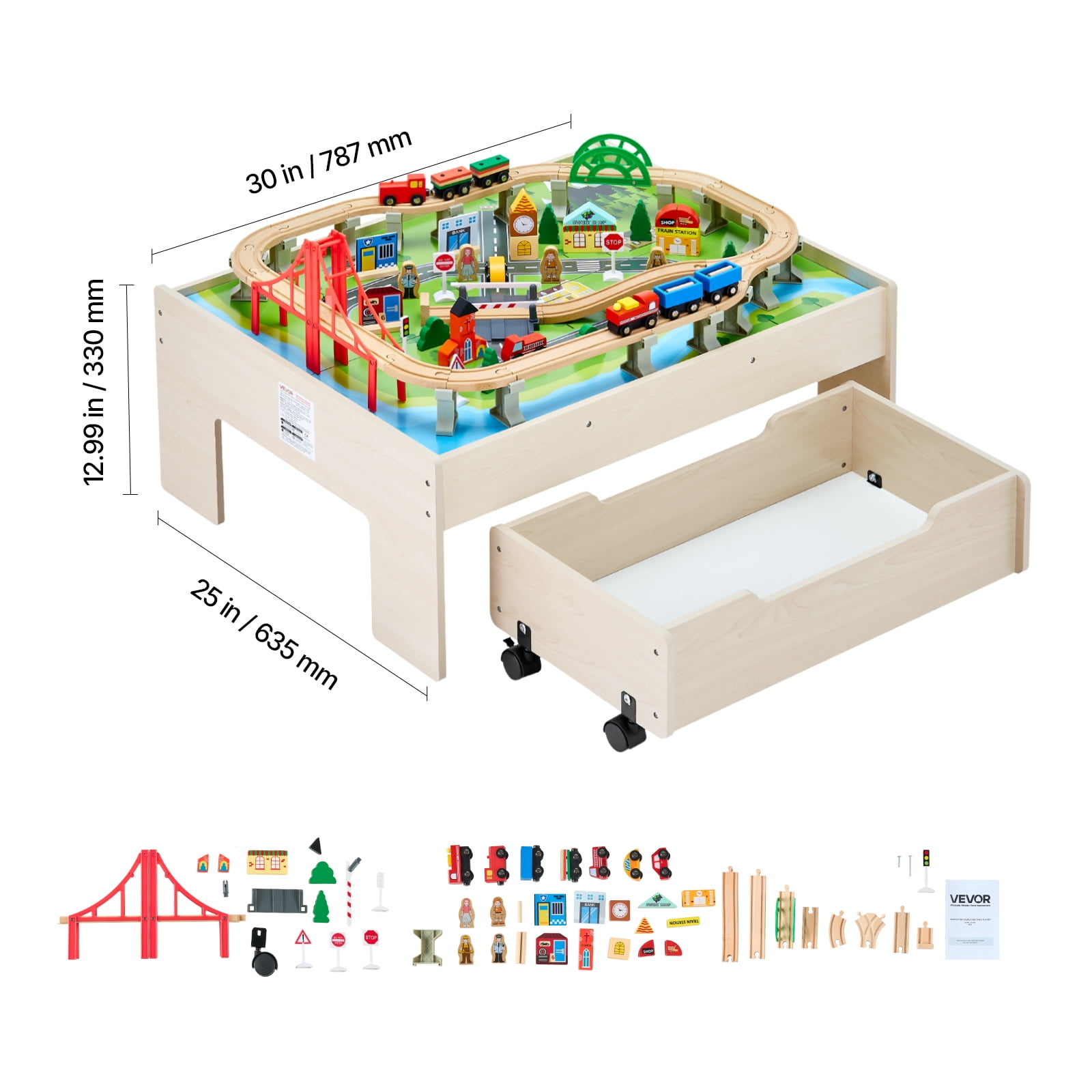 VEVOR Train Table, 100 Multicolor Pieces Wooden Kids Activity Table with Rolling Storage Drawer, 3-in-1 Wooden Train Set for Gaming, Drawing, Reading, Eating, Creative Toy Set for Kids Ages 3+