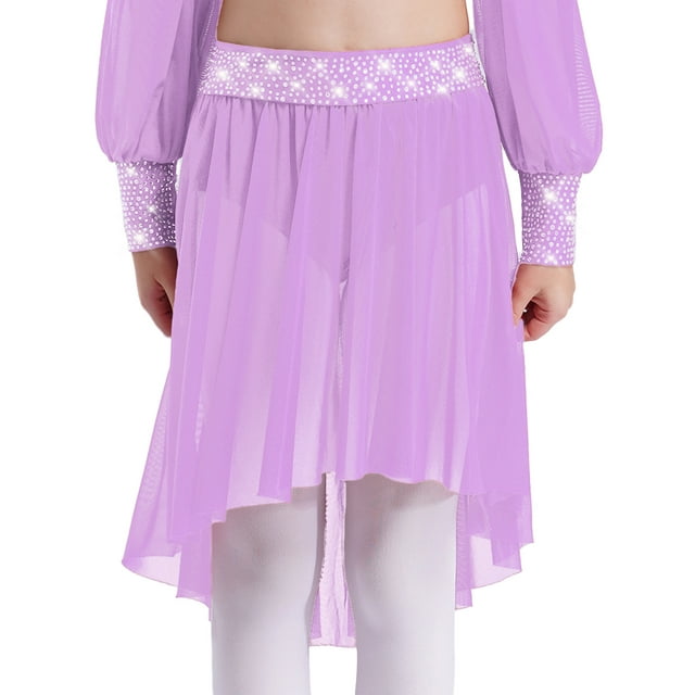 Doomiva Kids Girls Rhinestones Lyrical Ballet Dance Chiffon High-Low Wrap Skirts Studio Practice Performance Costume Lavender 14