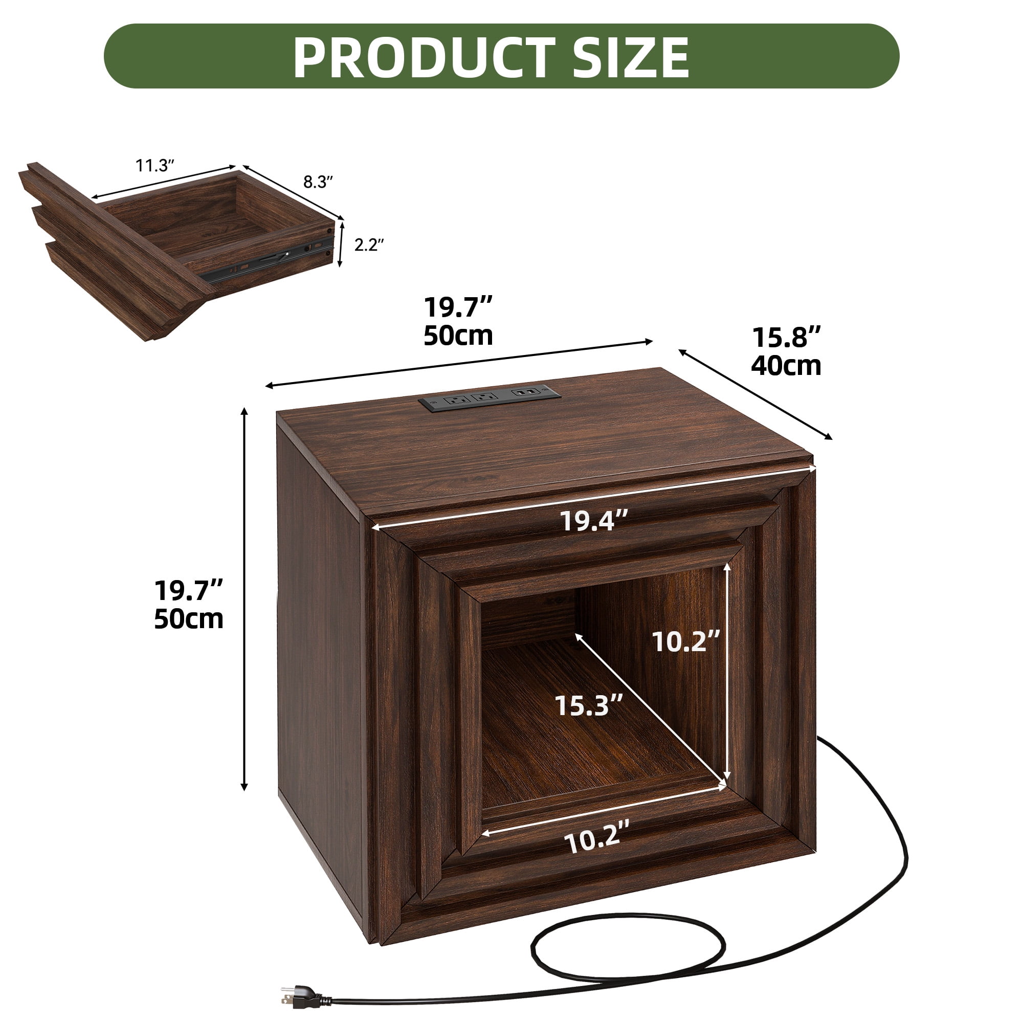 Uforic Square End Table with Charging Station & Storage Drawer, Rustic Side Table, Walnut