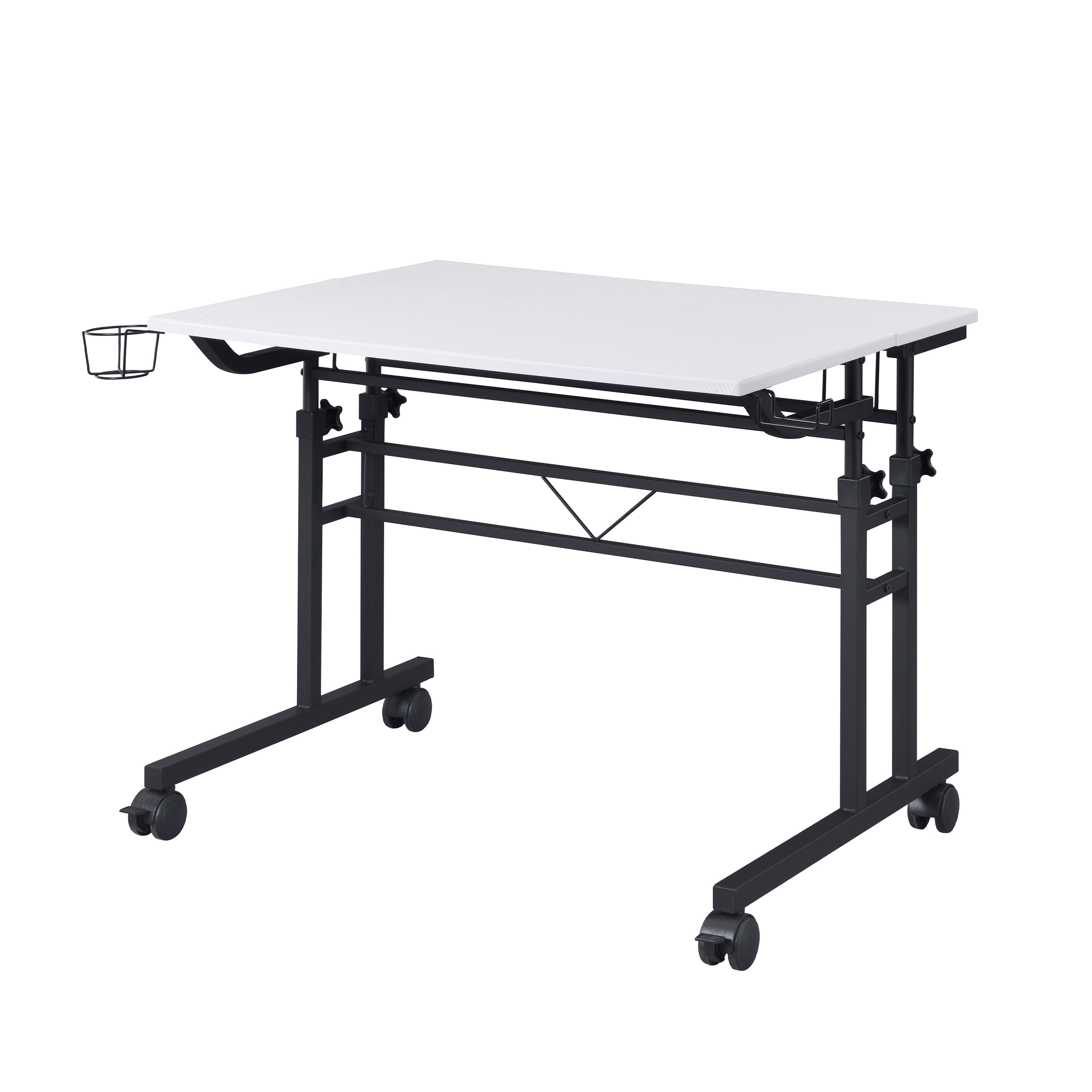 Rolling Writing Desk with Height Adjustable Desktop and Moveable Shelf, White