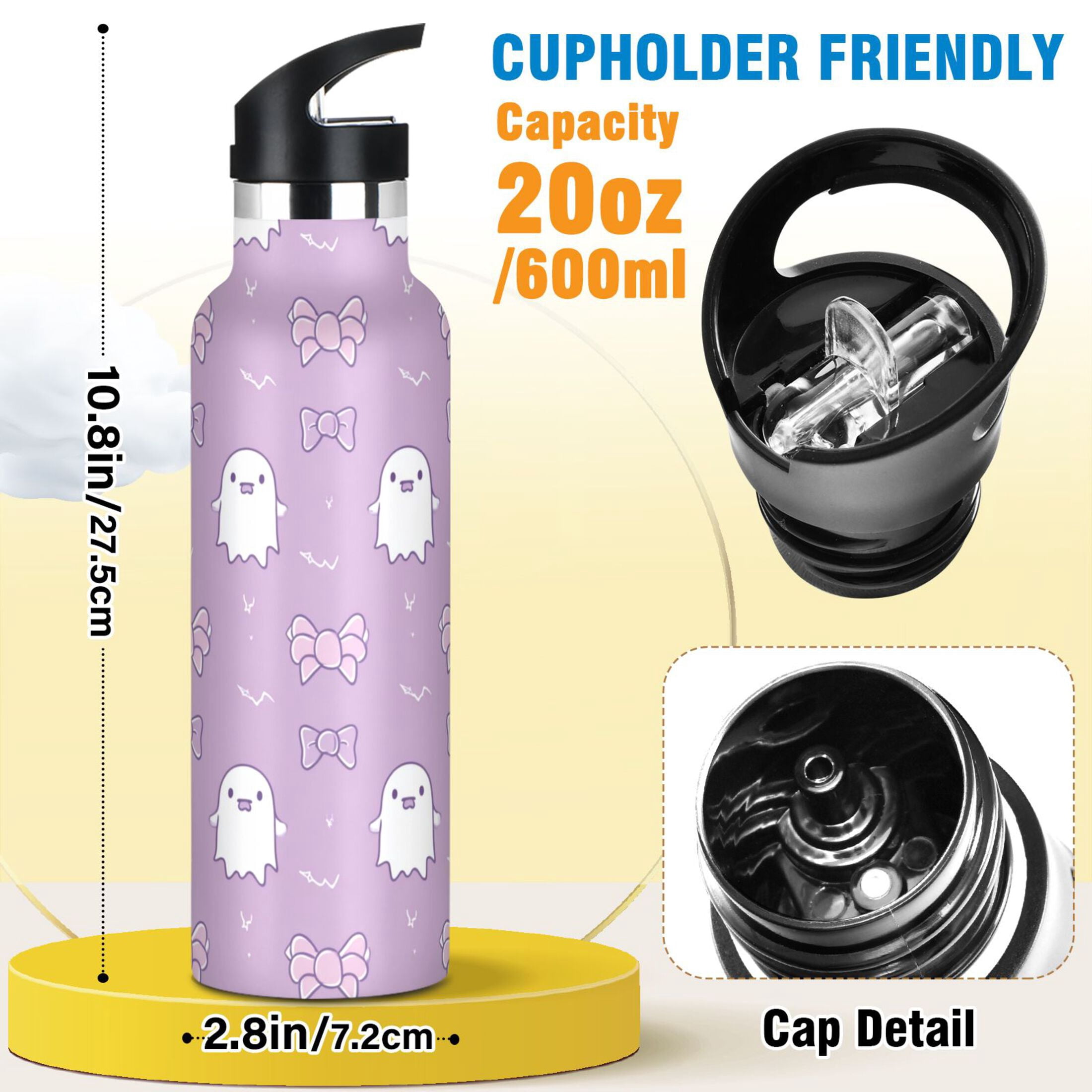 Kids Insulated Stainless Steel Sports Water Bottle 600ml (20oz) Cute Pastel Ghost and Bows