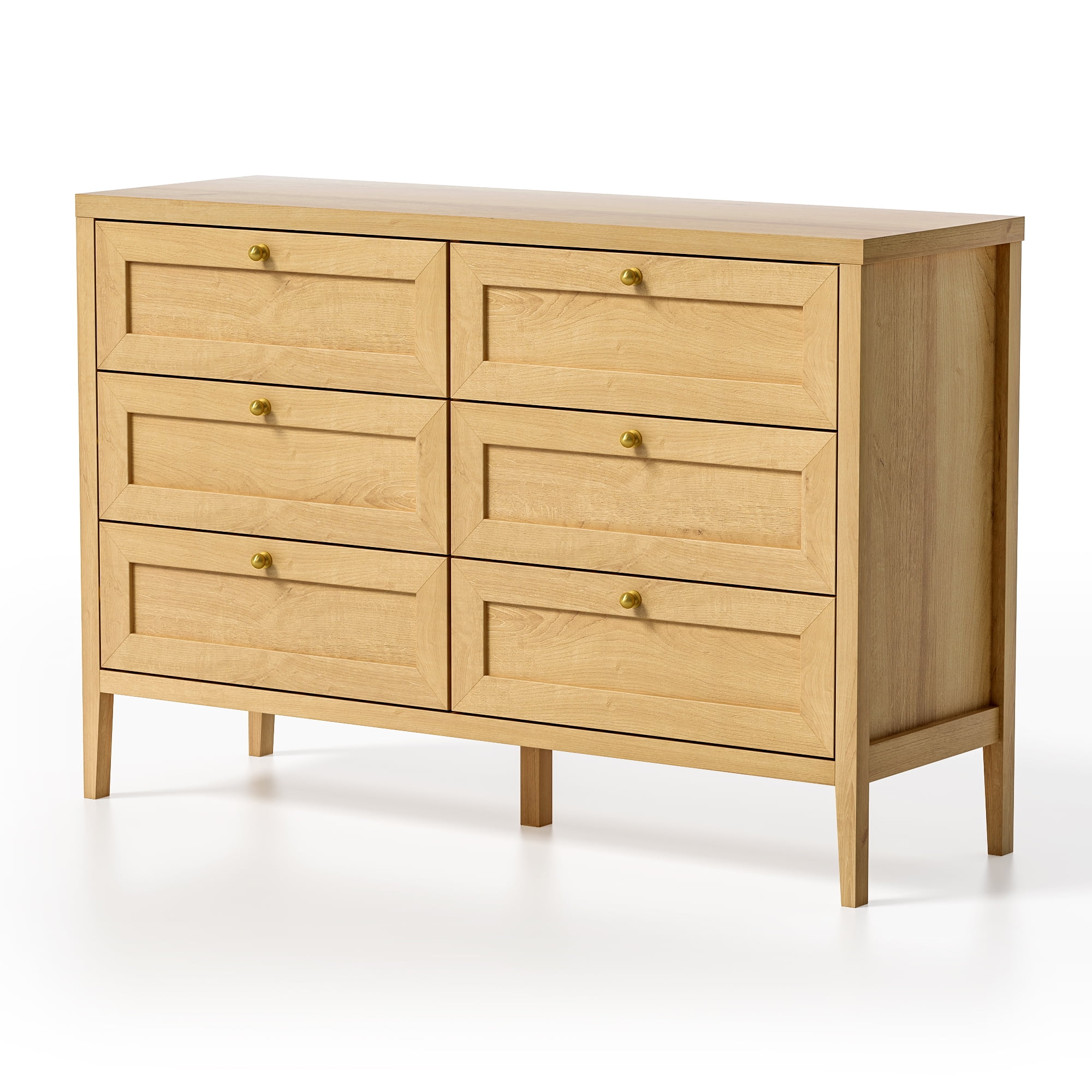 EYYTHUNG Modern 6-Drawer Storage Dresser for Bedroom, Chest of Drawers with Golden Handles, Cabinet Side Table, Natural Oak