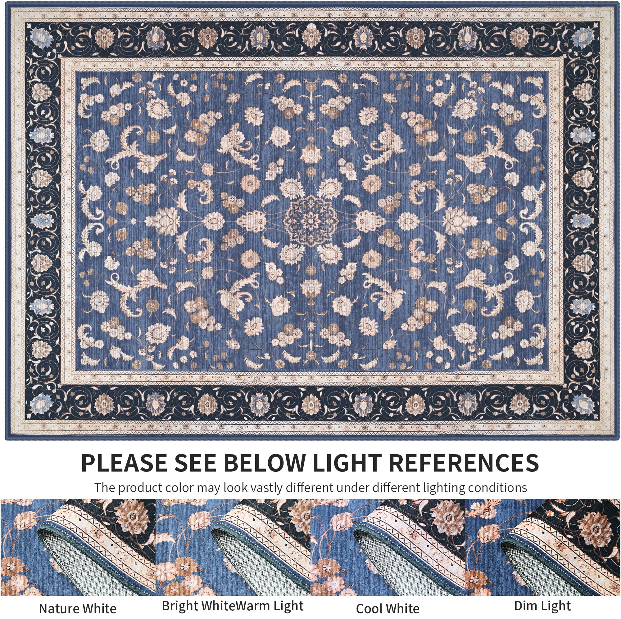 Astorug 5x8 Ft Blue Floral Area Rug - Machine Washable Low Pile Non-Slip Carpet, Boho Vintage Farmhouse Decor for Living Room, Bedroom, Nursery & Office