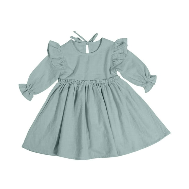 Odeerbi Niñas Ruffle Manga Larga Vestido de Algodón Primavera Verano Princesa Vestidos Color Sólido Cuello Redondo Dulce A-Line Vestido