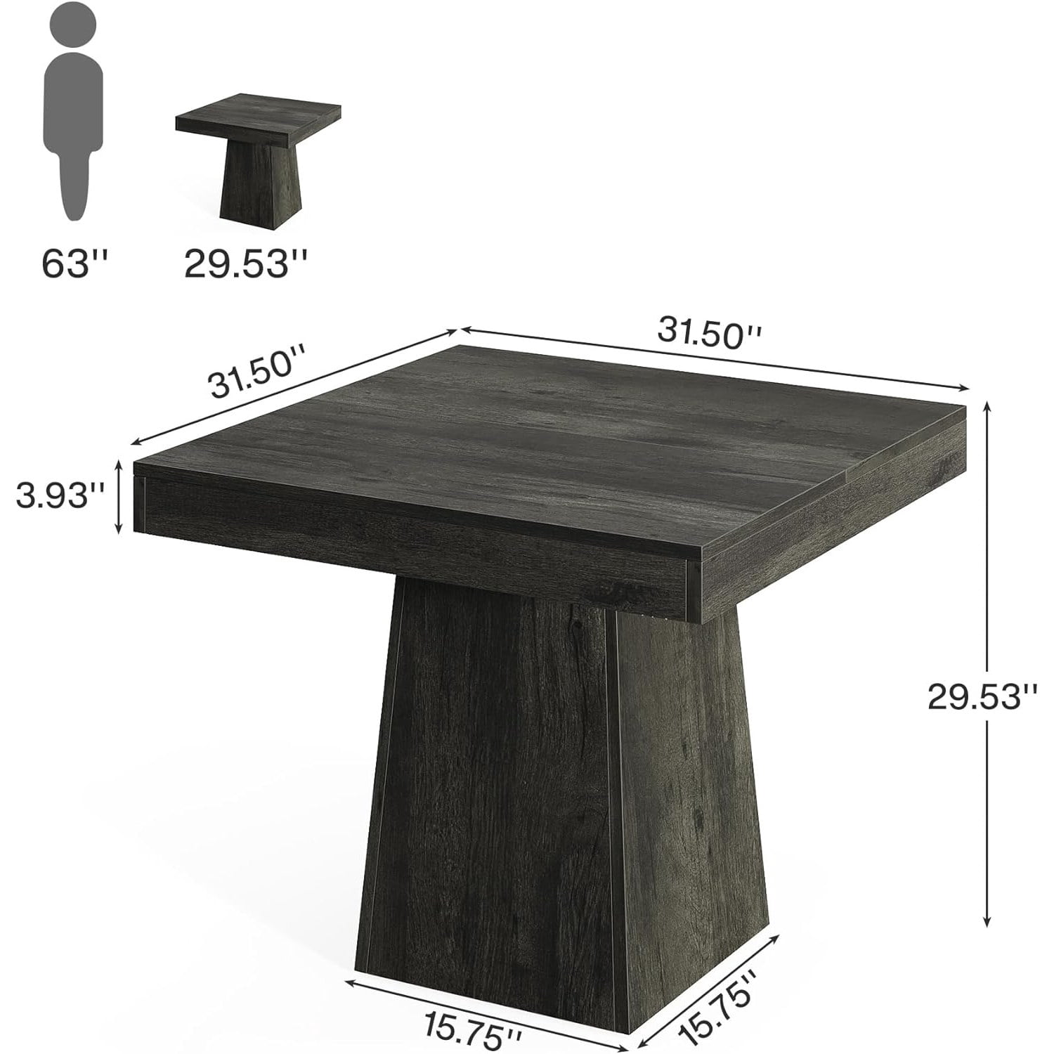Dining Table, Rustic Farmhouse Square Kitchen Table for 4, 31.5 in L x 31.5 in W x 29.53 in H, Gray Wood Grain