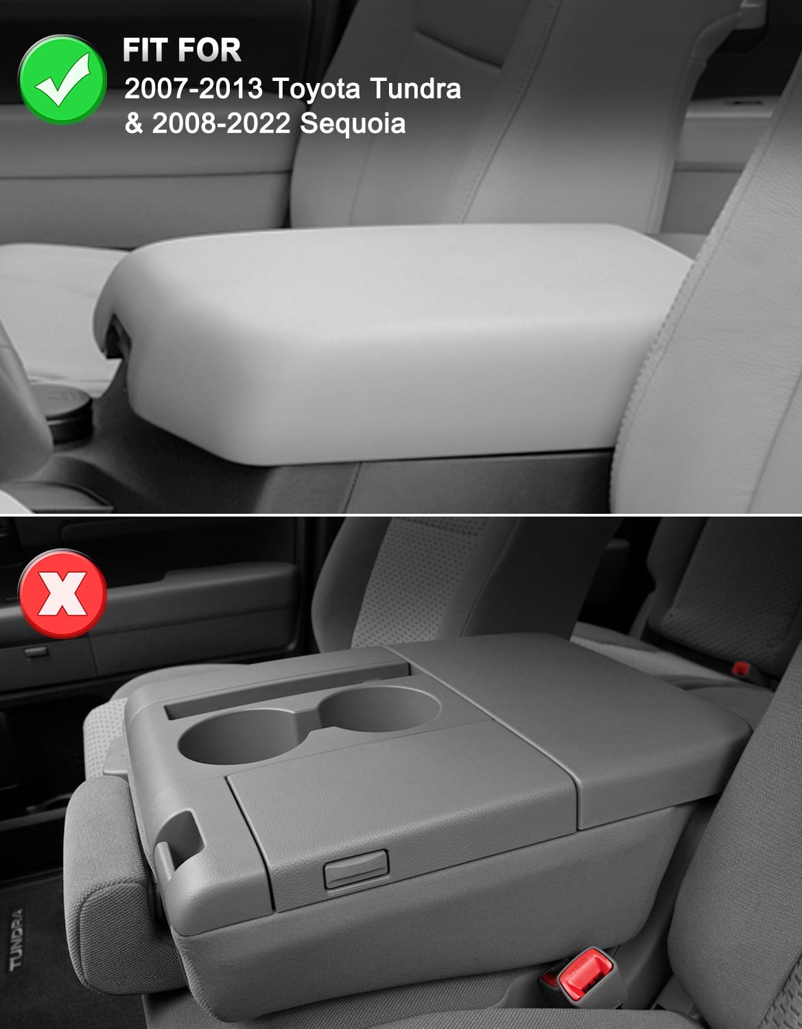 KBH Center Console Cover for 2007-2013 Toyota Tundra & 2008-2022 Sequoia, Middle Console Armrest Cushion Pad for Truck Interior Accessories, Gray