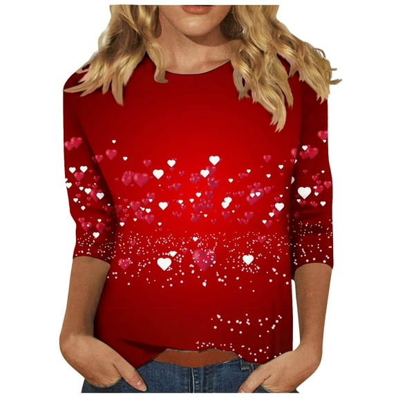 Valentine's Day Love Print T Shirt for Women Plus Size 3/4 Length Sleeve Tunic Tops Casual Crewneck Loose Blouses(Red,XL)