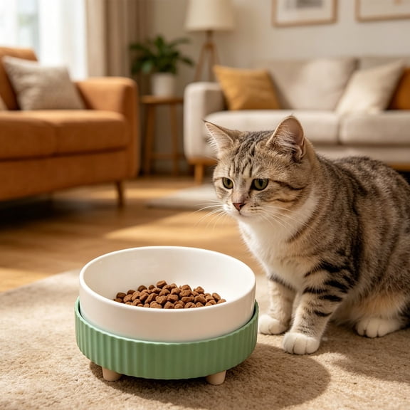 Elevated Cat Bowl, Ceramic Raised Cat Bowl with Wide Shallow Design for Whisker Fatigue Relief, Large Capacity for Food and Water