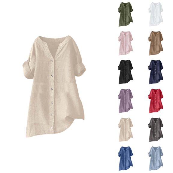 3/4 Length Sleeve Womens Tops 2026 Trendy Casual Cotton Linen V Neck Button Up Stand Collar Work Tshirt Womens Blouses