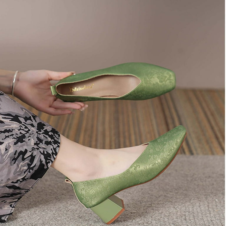 Green Women'S Square Toe Mary Jane Flats Low Heel Vintage Style