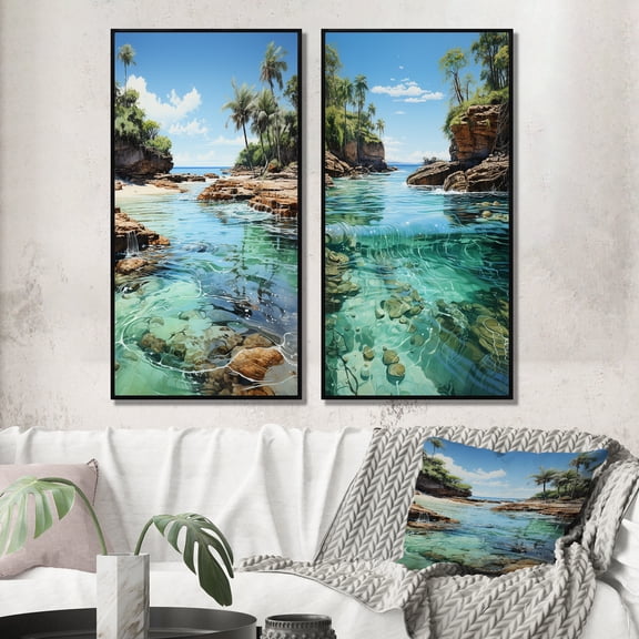 Designart "Dominican Caribbean Dream II" Coastal Beach Framed Wall Art Set Of 2 - Teal Beach Gallery Wall Frame Set For Home Decor