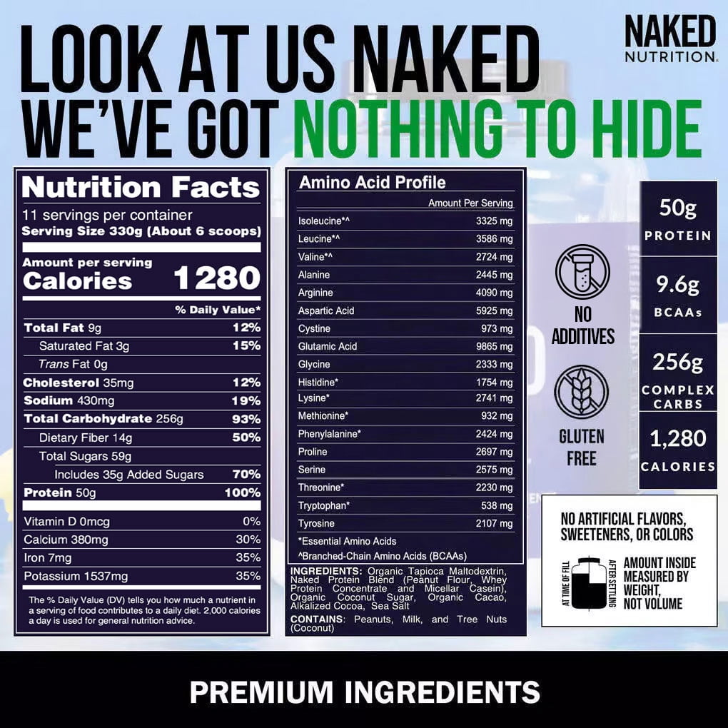 NAKED Chocolate Peanut Butter Mass - 1,280 Calories, 50G Protein, Nothing Artificial. All Natural Weight Gainer Protein Powder - 8Lb Bulk, GMO Free, Gluten Free & Soy Free