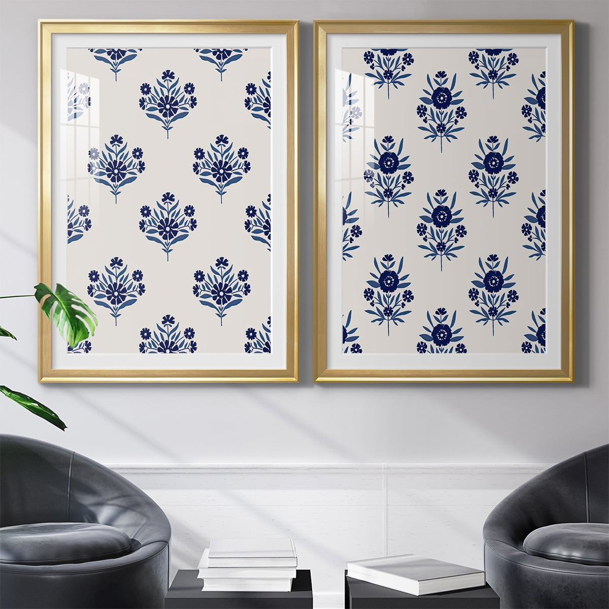 Wexford Home Indigo Bloom Pattern I Premium Framed Print, 18.5" x 24.5" - Ready to Hang, Gold (Set of 2)