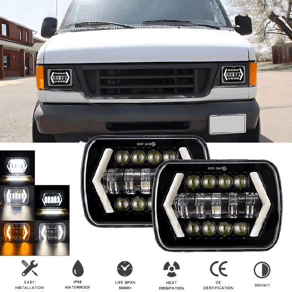 For Ford E-150 E-250 E-350 Econoline 2Pcs 5x7" 7x6" LED High Low Beam Headlights