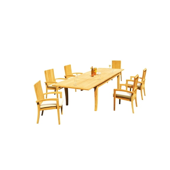 Grade-A Teak Dining Set: 6 Seater 7 Pc: 122" Atnas Rectangle Table And 6 Goa Stackng Arm Chairs Outdoor Patio WholesaleTeak #51GO2807