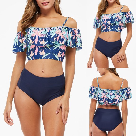 DDAPJ pyju Push Up Bathroom Sink Stopper Womens Off Shoulder Swimsuits High Waisted Bikini Sets Two Piece Sets Tropical Print Tummy Control Bathing Suit Navy XL