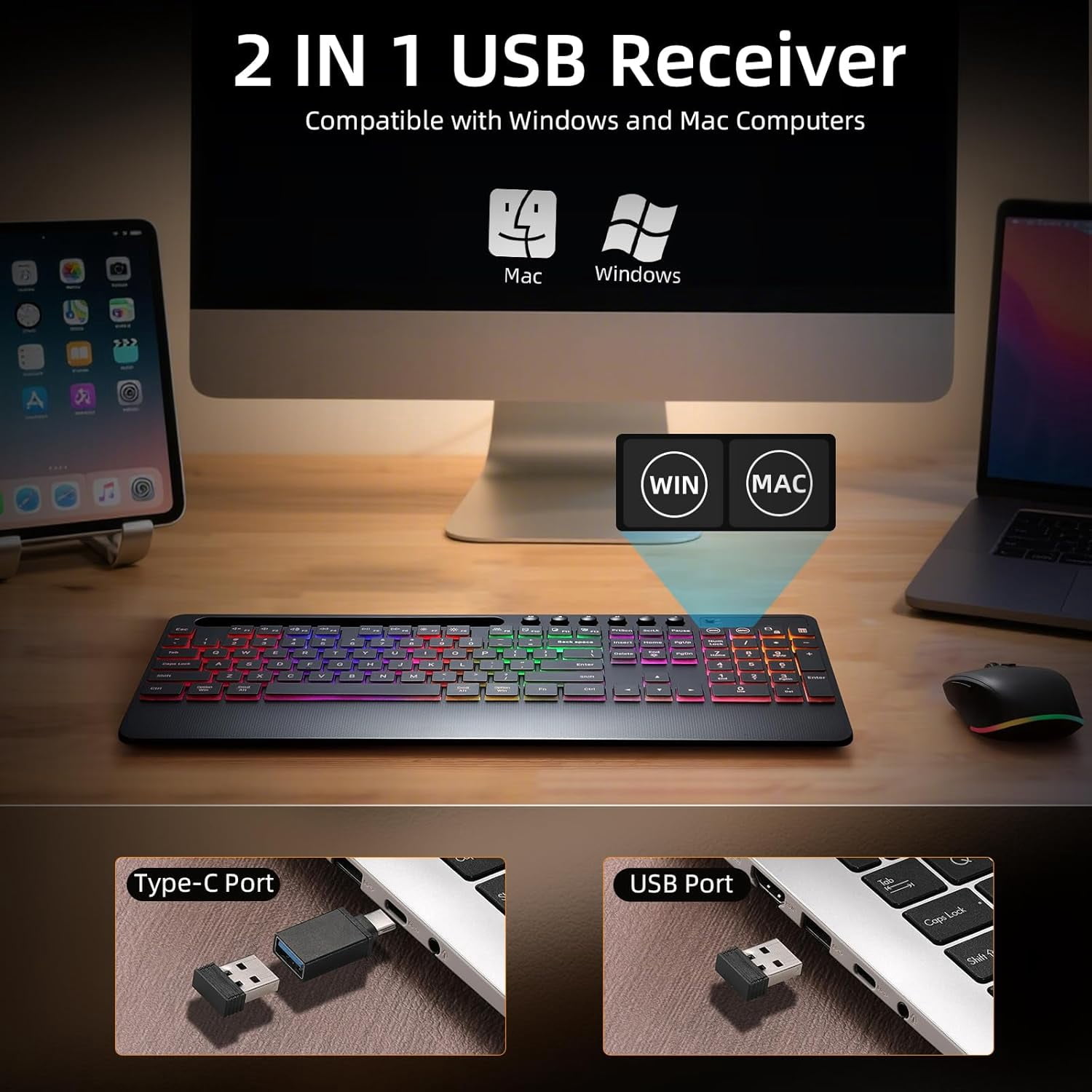 Wireless Keyboard and Mouse Combo 2.4G Full Size Silent/Quiet RGB Backlit Light Up Computer Keyboard & Mouse Combos Set with Phone Holder for Windows Mac PC Laptop