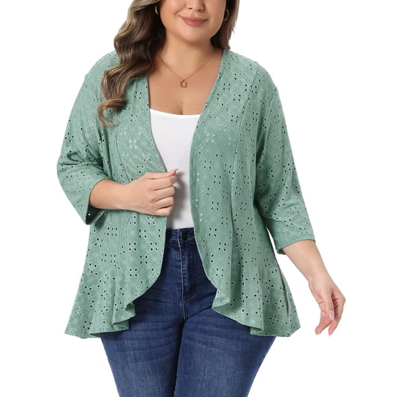 Agnes Orinda Women's Plus Size Cardigans Ruffle Open Front 3/4 Sleeve Eyelet Netted Knit Casual Cover Up 2X Green