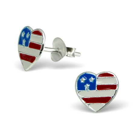 Childrens Sterling Silver Birthstone Earrings - Childrens Stars and Stripes Flag Heart Stud Earrings in Sterling Silver