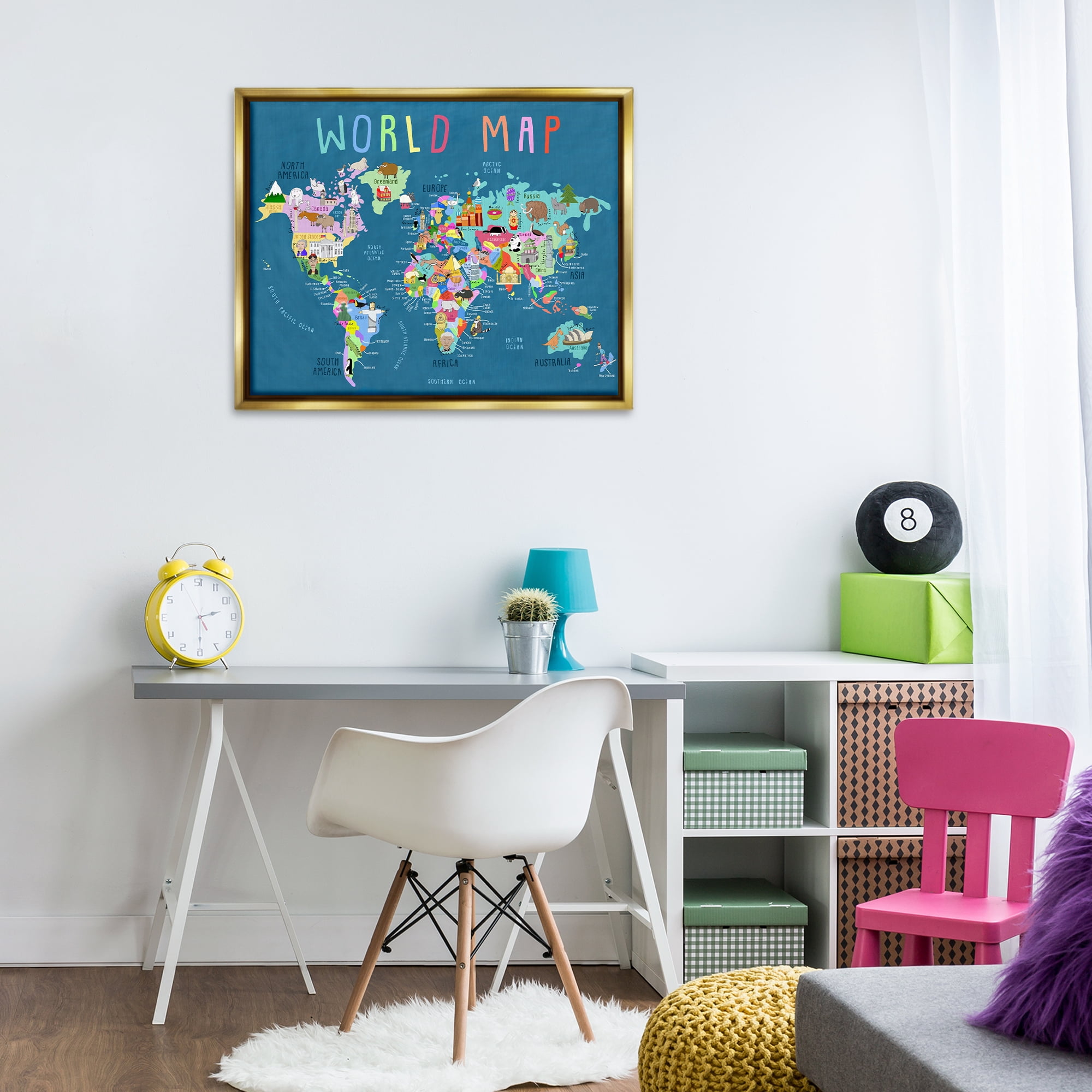 Stupell Industries World Map with Landmarks Education Painting Gold Floater Framed Canvas Art Print Wall Art, 31 x 25