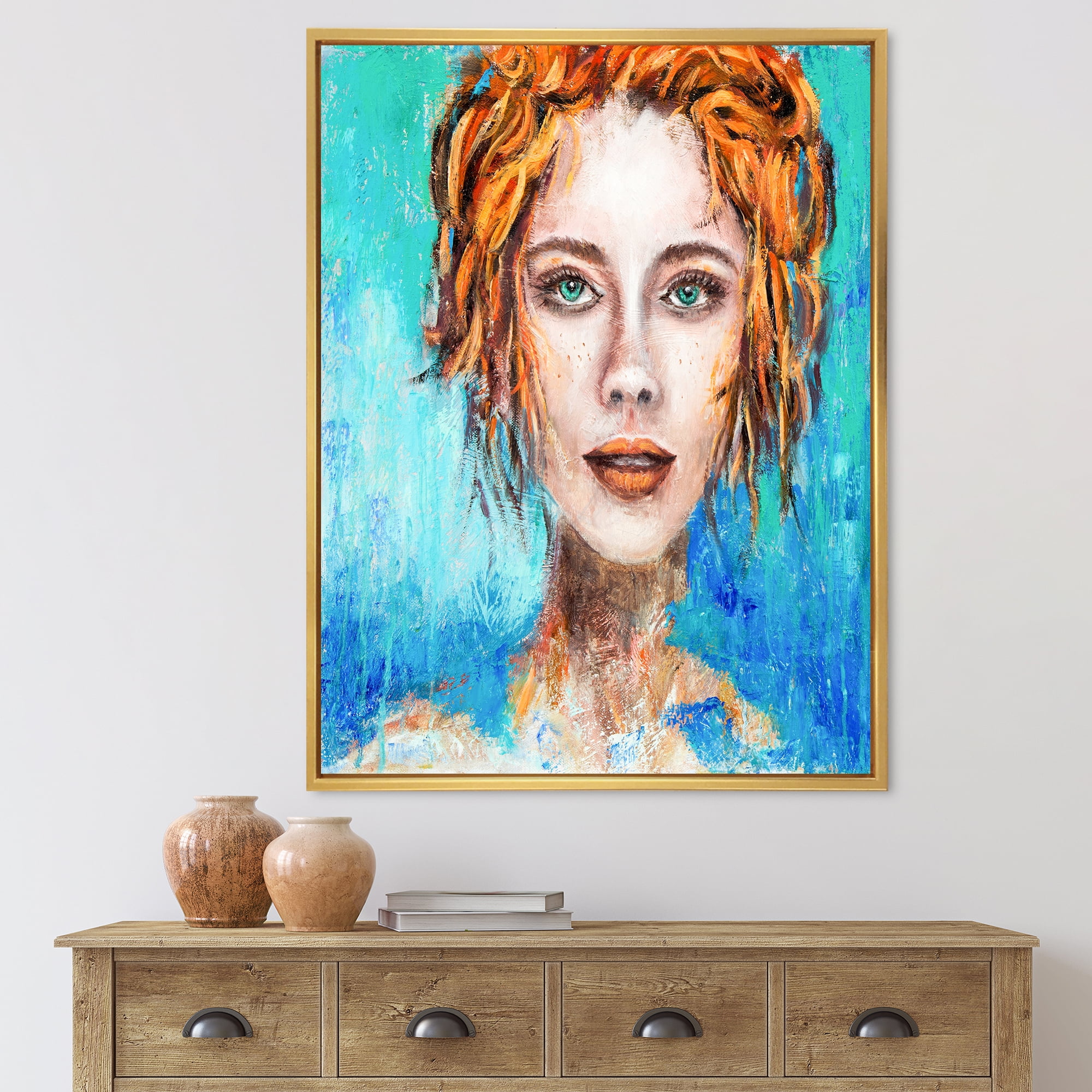 Designart 'A Woman Face With Red Hair And Green Eyes' Modern Framed Canvas Wall Art Print