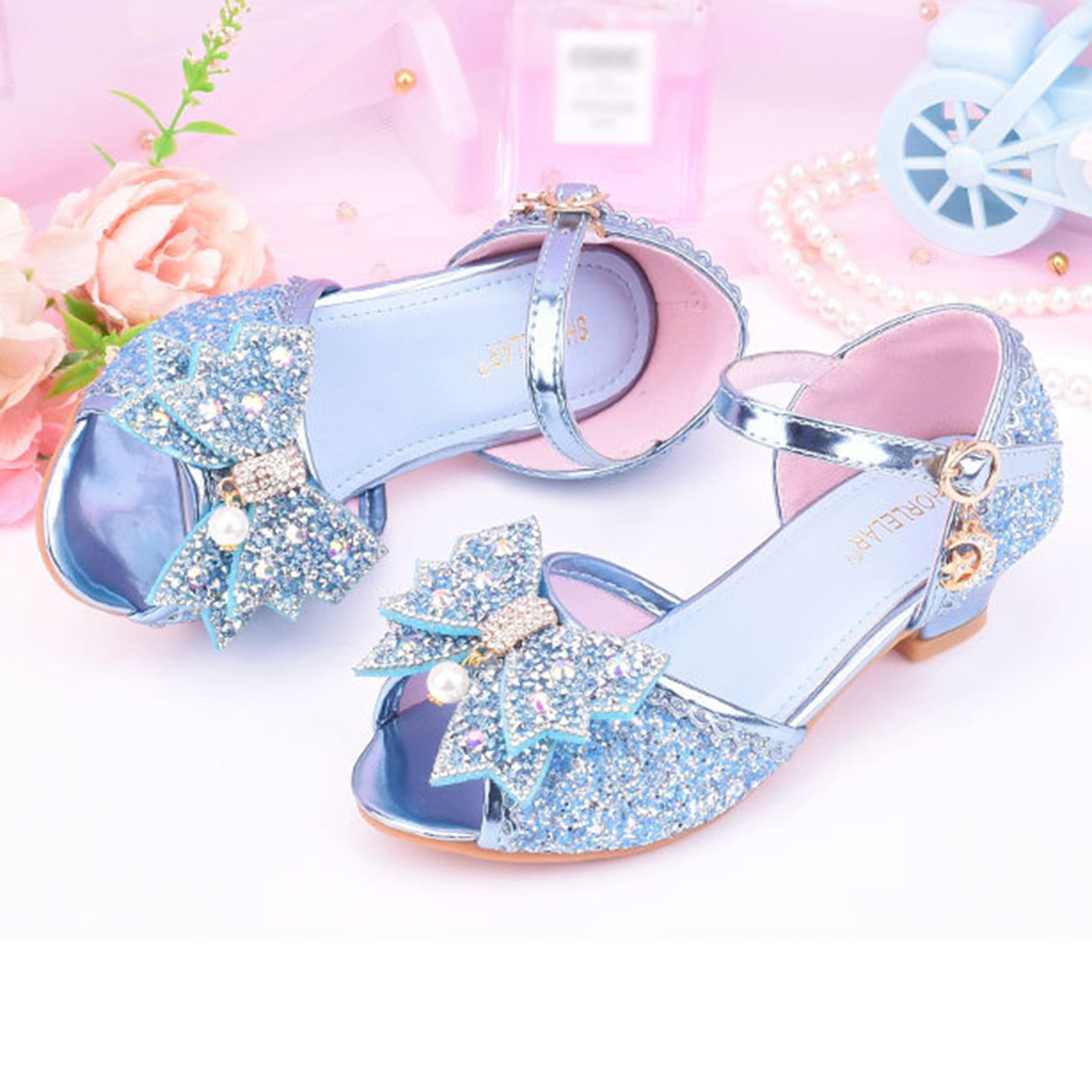 B91xZ Girls' Sandals Children Shoes With Diamond Shiny Sandals Princess  Shoes Bow High Heels Show Princess Toddler Girl Shoes Purple,Size 2