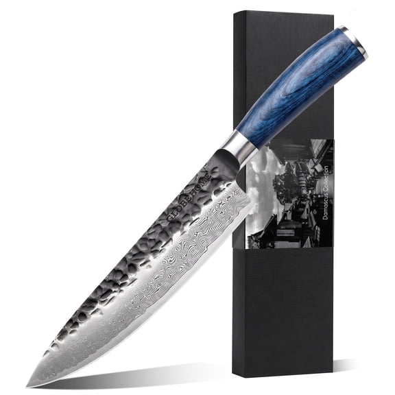 GLOBEHOME 8 Inch Chef Knife, 67 Layer Hammered Damascus Steel Kitchen Knife, Japanese Professional Chefs Knife with Ergonomic Blue Wood Handle, Gift Box