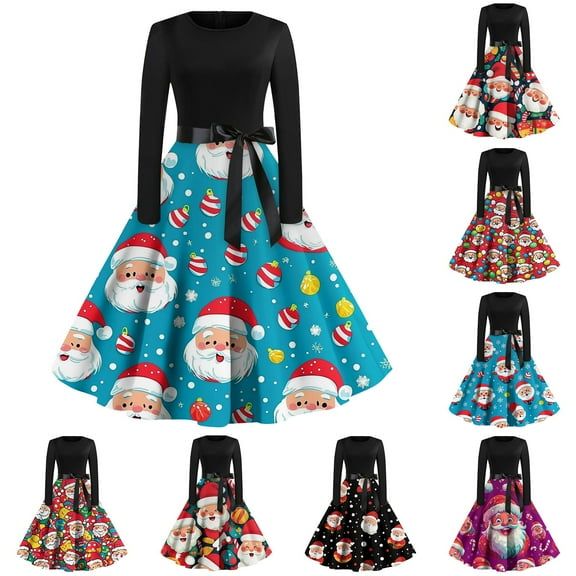 Christmas Dresses for Women Women's Christmas Printed Long Sleeve Round Neck Plus Size Evening Prom Dresses for Formal Christmas Party,Black,L
