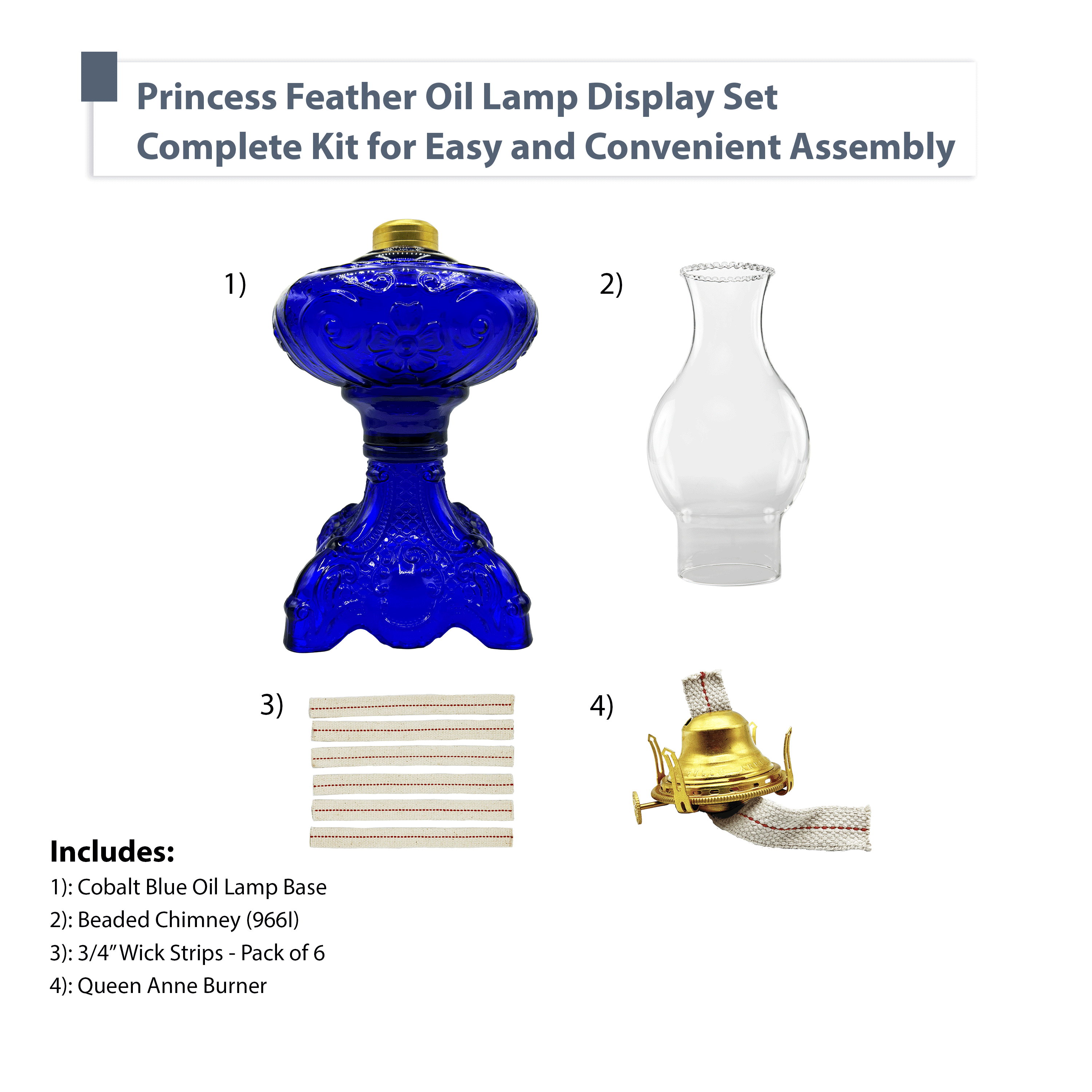 Light Of Mine Princess Feather Oil Lamp Ornate Decorative Antique Pedestal Style Glass Oil Hurricane Lamp Clear with 3/4" Wick roll (Cobalt Blue)