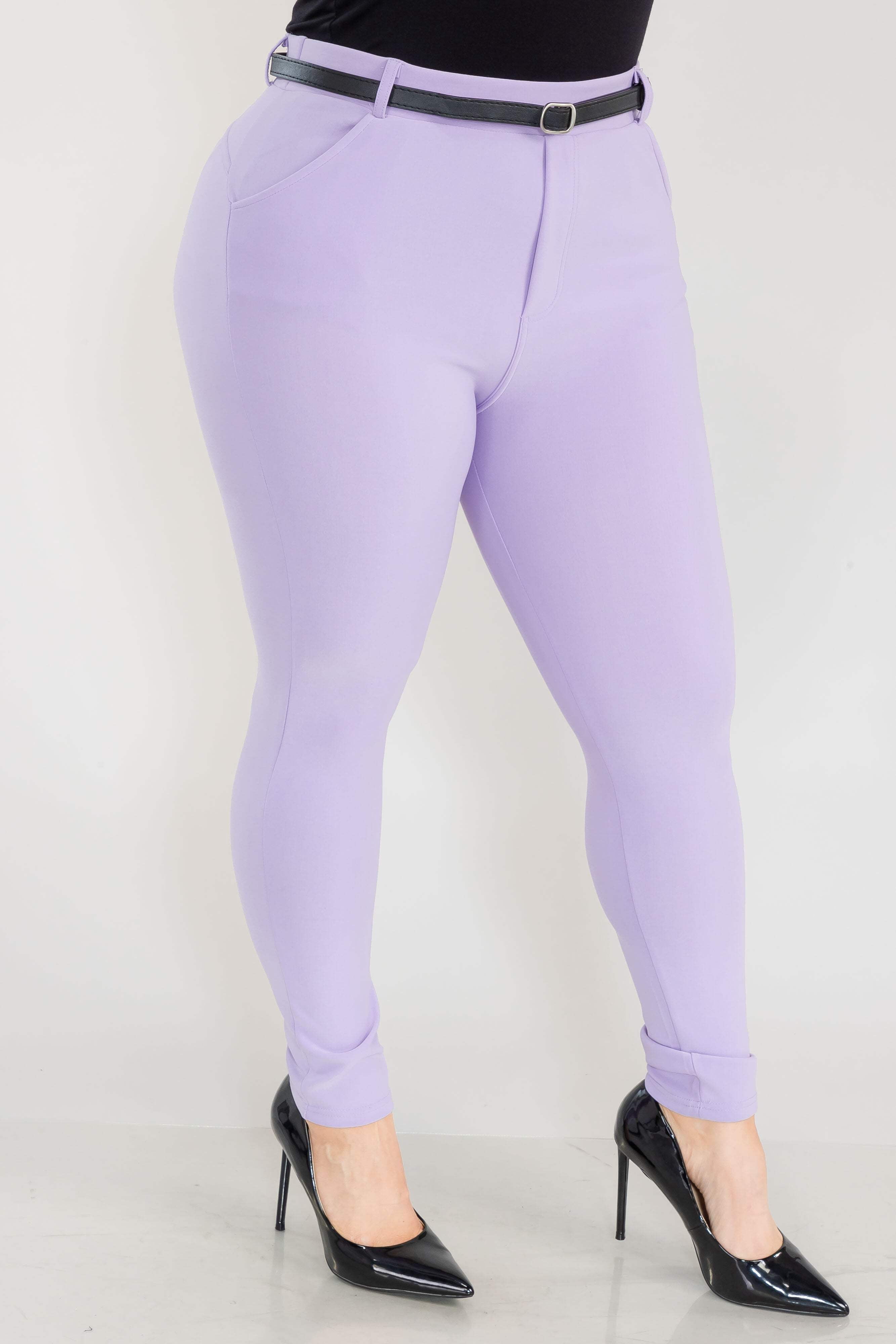 Plus Size Sculpting Treggings With Faux Leather Belt - Purple Rose