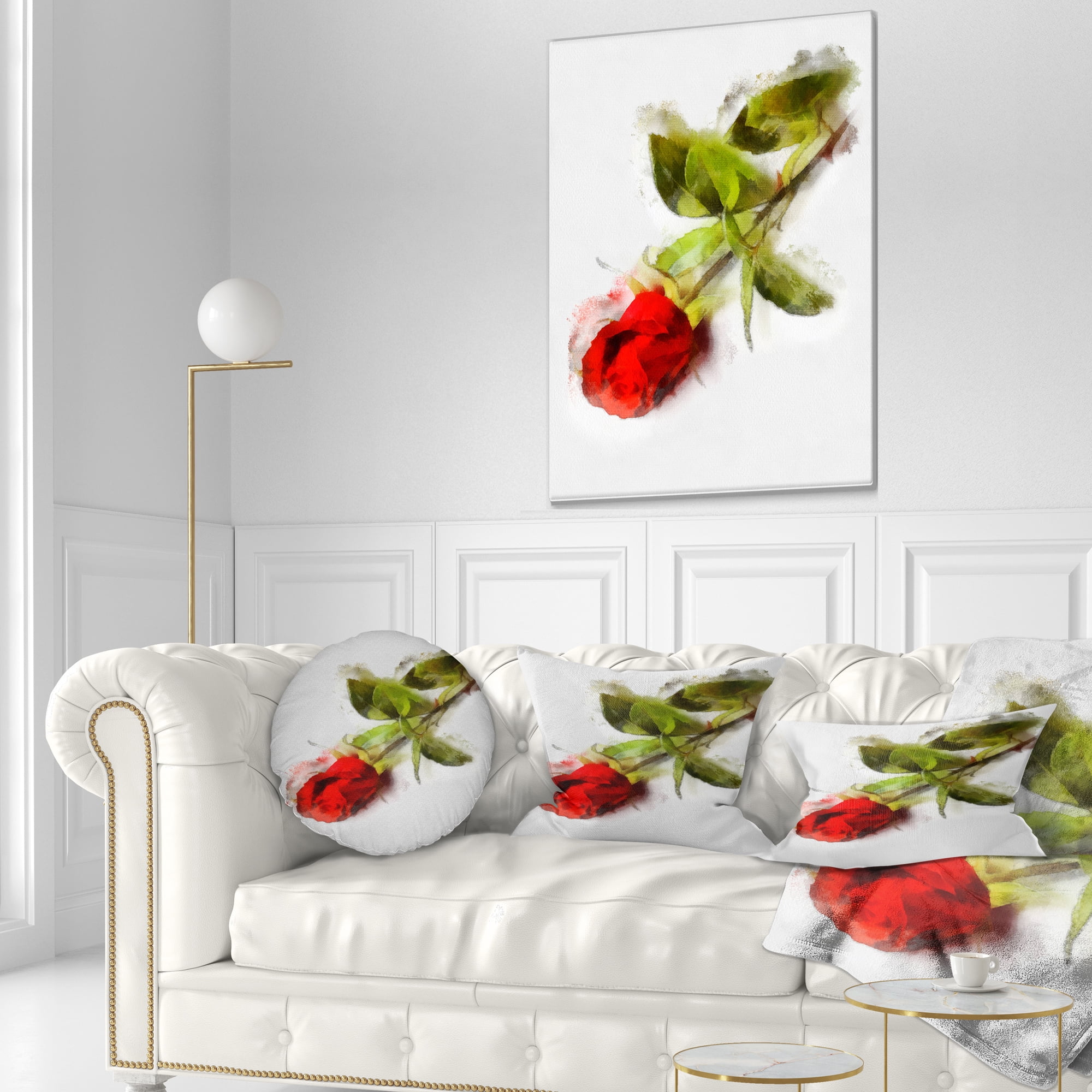 Designart Red Rose with Stem Drawing - Flower Throw Pillow - 12x20