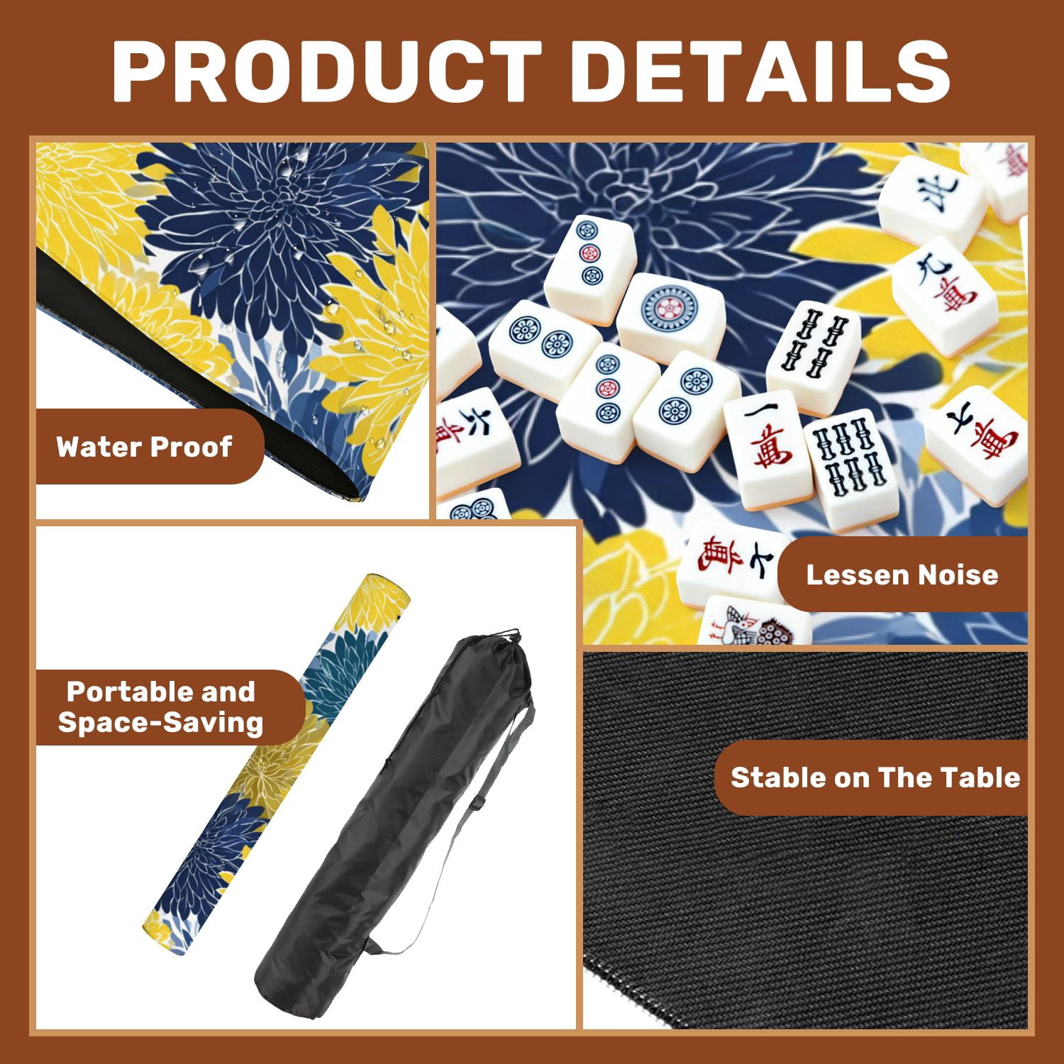 Mahjong Mat 31.5" x 31.5" Spring floral seamless Blue yellow navy Chrysanthemum Non-Slip Noise Reduction American Mahjong Tiles Table Cover for Dominoes Poker Card Board Games Gift